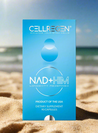 CELLREGEN NAD+HIM supplement box promoting vitality and energy with 90 capsules for men's health.