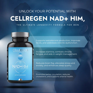 CELLREGEN NAD+HIM bottle promoting testosterone boost, stamina, brain health, and longevity for men.
